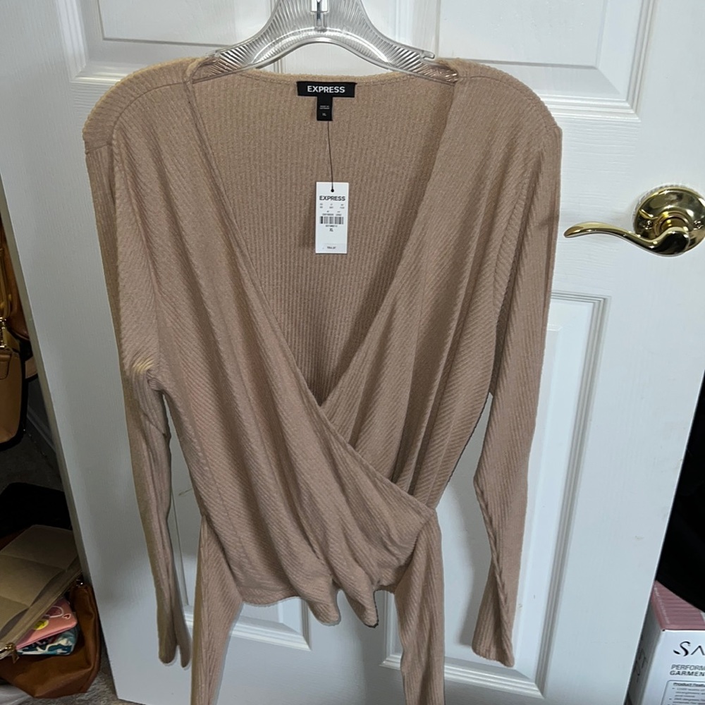 Ribbed Faux Wrap Tie Waist long sleeve top express